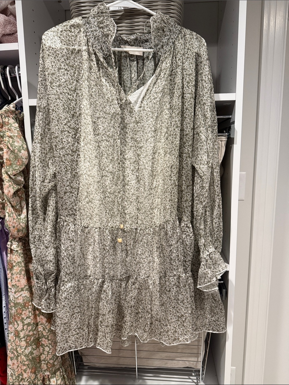 Smocked Neck Olive Floral Mini Dress